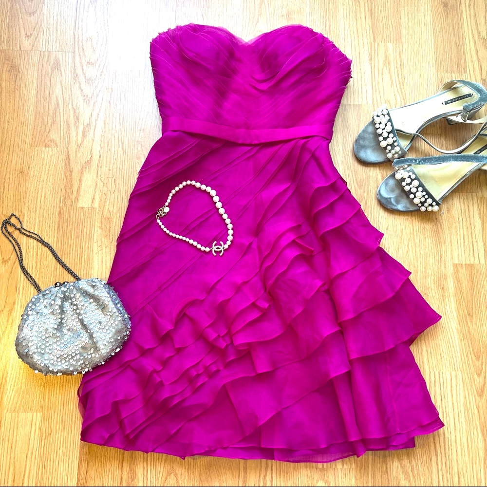 Theia Silk Organza layered ruffle Strapless Dress